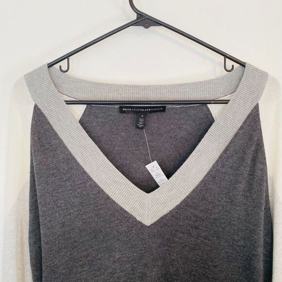 NWT WHITE HOUSE BLACK MARKET LS Vink Gray.Colorblock Tunic Sweater V-Neck Size S - Picture 6 of 10